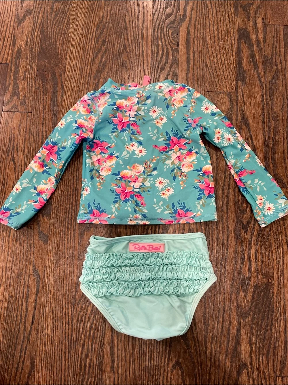 Ruffle Butts Aqua Floral Long-Sleeve Rashguard Set with Pink Accents